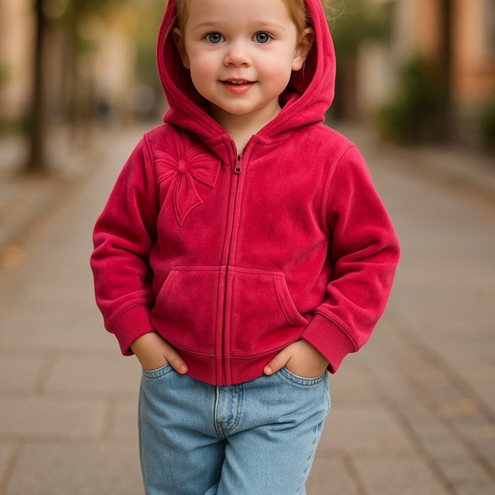 JANIE AND JACK Dark Red Velour Hoodie Girls 5 Jacket Velvet Bow Applique